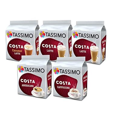 Tassimo Costa Coffee Selection - Costa Latte/Costa Caramel Latte/Costa Americano/Costa Cappuccino - 5 Packs (48 Drinks)