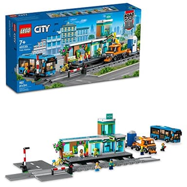 LEGO City Train Station Set with Toy Bus for Kids Boys & Girls with Rail Truck, Tracks and Road Plate Level Crossing, Compatible with City Sets 60335