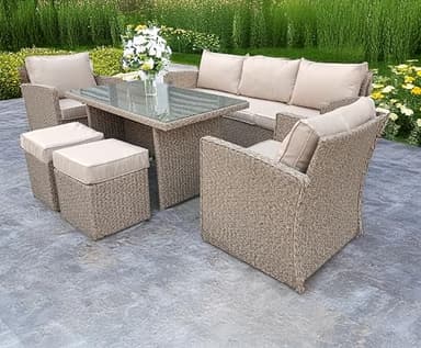UK Leisure World NEW RATTAN WICKER CONSERVATORY OUTDOOR GARDEN FURNITURE DINING SET CORNER SOFA TABLE (Grey) (Beige)