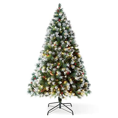 VeryMerry 6FT 'Claudia' Pre-Lit Christmas Tree with 300 Built-In Warm White LED Lights with Auto-Off Timer, 8 Lighting Modes, Decorative Pinecones and Berries