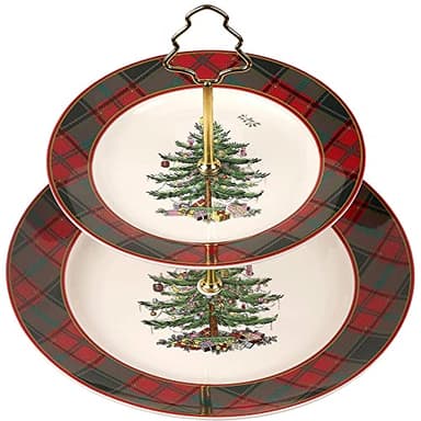 Spode - Christmas Tree Collection - Tartan 2 Tiered Server - Upper Plate 8" Lower Plate 10" - Dishwasher, Microwave, and Freezer Safe