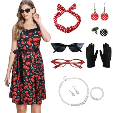 LADIES 1950s Fancy Dress Costume, Summer Sleeveless Rockabilly with RED Cherry Pattern Vintage with Red Bow Headband, Glasses,Gloves and Other Beautiful Accessories for Dress Up Party (RED, 2XL)