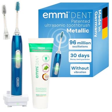 emmi-dent Metallic Electric Ultrasonic Toothbrush (Blue Starter Set) I Ideal for Sensitive Teeth & Gums I Optimal Tooth Brushing Without Scrubbing I Up to 12 Days of Battery Life