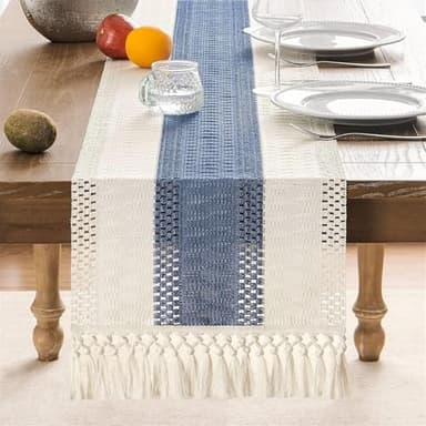 FANSU Hollow Table Runner, Table Runners for Dining Table Extra Long Table Runner with Tassels Decoration, Washable Table Runners, for Holiday Party Wedding Table Decorations (Blue,30x275cm)