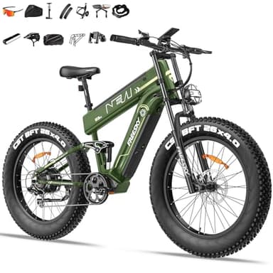 FREESKY Dual Battery Electric Bike for Adults, 48V 41AH 160 Miles Long Range Dirt E Bike, 26" Fat Tire Mountain EBike, Full Suspension & Hydraulic Brakes with Rear Rack&Full Fenders
