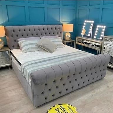 BED CRAFT Grey velvet upholestered sleigh bed with headbaord (single double king superkingsize)-Mattress option-Gaslift option available-Handmade in UK (King (U.K. Standard))