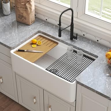 Deer Valley 33 inch White Farmhouse Sink, Fireclay Farmhouse Kitchen Sink, Single Bowl Kitchen Sink, Front Apron Sink for Kitchen, Workstation Sink with Grid, Sink Strainer & Workstation Accessories