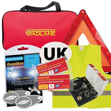 GADLANE European Car Travel Kit Driving France - Emergency Kit NF Approved Alcohol Breathalysers, Warning Triangle, UK Plate, Hi-Vis Vest, Headlight Adaptors, Universal Bulb Kit - In Zipped Bag