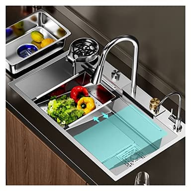 Stainless Steel Kitchen Sink With Integrated Waterfall & Pull-down Faucet Set - Large Bowl With Nano Coating - Farmhouse Workstation Kit (Silver, 75x45CM)