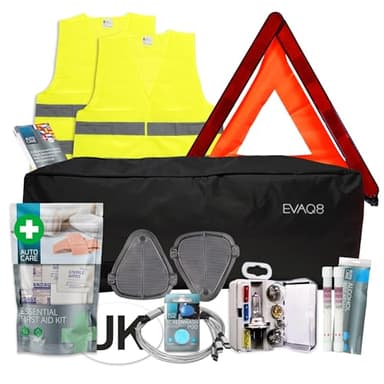 EVAQ8 European Car Travel Kit For Driving in France With Breathalysers, Warning Triangle, UK Sticker, Hi-Vis Vests, Beam Deflectors, Bulb Kit, First Aid Kit and Information sheet...