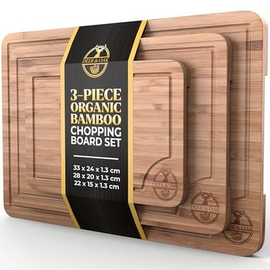 Deer & Oak 3-Piece Bamboo Chopping Board Set, Pre-Oiled Wooden Cutting Chopping Boards for Kitchens 33x24cm, 28x20cm, 22x15cm, with Side Handle and Grooves