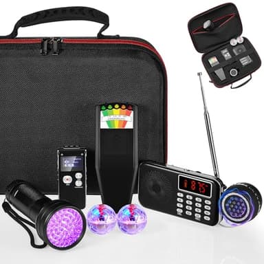 Dunzy 8 Pcs Ghost Hunting Equipment Kit, Include 1 Emf Meter 1 Spirit Ghost Hunting Research Case 1 Voice Recorders 1 Flashlight 1 Speaker 2 Motion Light up Cat Balls and 1 Fm Radio(Emf Meter 1)