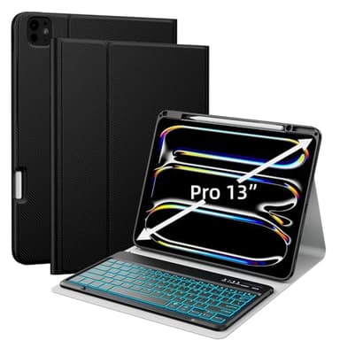 JUQITECH iPad Pro 13 Inch Case with Keyboard M4 2024, iPad Pro 13 Keyboard Case, 7Colors Backlit Bluetooth Removable Keyboard Soft Protective Folio Tablet Case Built-in Apple Pencil Pro Holder, Black