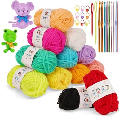 AUAUY Acrylic Yarn Skeins, 12-Strand Soft Yarn(12x10g) with 9 Braided Aluminum Crochet Hooks for Crocheting and Knitting Craft, Assorted Starter Crochet Kit Yarn Bulk for Colorful Craft Adults & Kids
