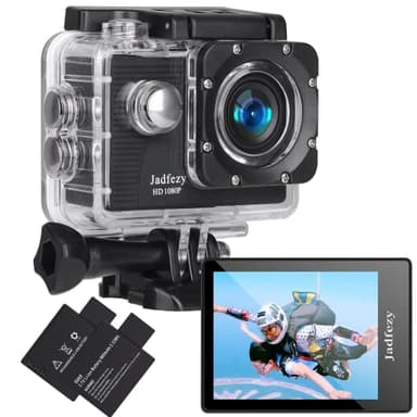 Jadfezy Action Camera FHD 1080P 12MP, 98FT/30M Underwater Waterproof Camera with 2 Rechargeable Batteries, Wide Angle sports camera with Accessories Kit Suitable for Helmet, Bicycle, etc.