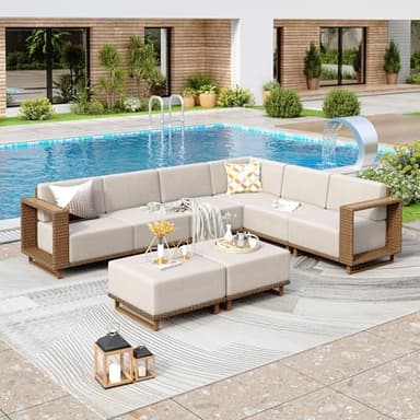 PHI VILLA Rattan Garden Furiture Sets 8 Seater, L shaped Corner Sofa Balcony Convervatory Modular Furniture with 2 0ttoman, Thickened Cushions and Pillows for Backyard Porch, Beige