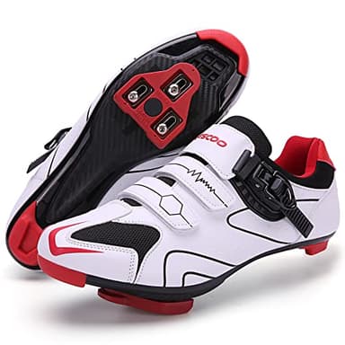 Mens Womens Cycling Shoes Compatible with Peloton Bike Indoor Outdoor Road Bike Riding Shoes with Look Delta Cleats Pre-Installed Clip in Pedal, (White-red, 8.5)