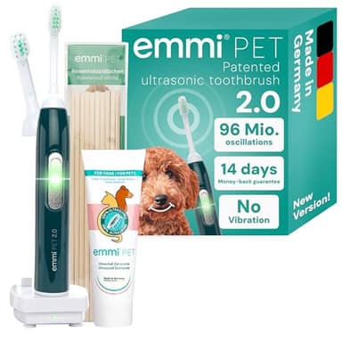 emmi-pet 2.0 Ultrasonic Dog Toothbrush & Toothpaste Set | Plaque Remover for Teeth Dogs & Cats | Silent & No Scrubbing | Small & Large Dog Toothbrush | 75ml