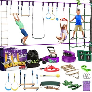 Trailblaze Ninja Warrior Obstacle Course for Kids - Ultimate Outdoor Fun 2x55 Ft Ninja Slackline Climbing Net Rope Ladder Trapeze Swing Monkey Bars - Durable and Safe Ninja Course for Kids Outside.
