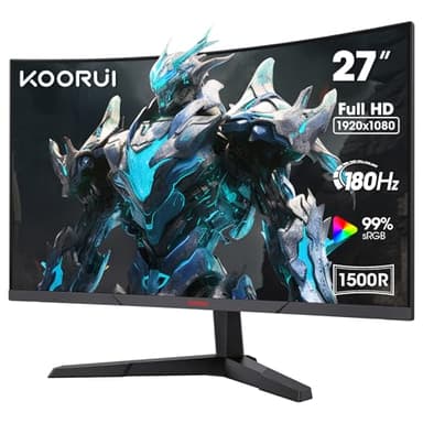 KOORUI 27 Inch Gaming Monitor, FHD 1080P Curved Monitor 180Hz VA 1ms 1500R PC Monitors with Adaptive Sync, HDMI X2-DP, VESA Compatible, Tilt Adjustable, Eye Care