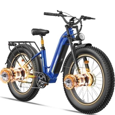 FREESKY Ranger Pro 200 Nm Dual Motor Electric Bike for Adults All-Terrain Ebike - 48V 25Ah Removable Battery, 26" Fat Tire Mountain E Bike with Hydraulic Brake,105Miles Long Range Blue
