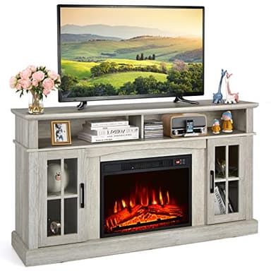 COSTWAY Electric Fireplace Insert TV Stand, Entertainment Center Console Table with 3-level Flame Overheat Protection Fireplace Heater & Remote Control (Grey, 23” Fireplace,148x40x82cm for 65” TV)