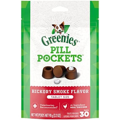 GREENIES PILL POCKETS Soft Dog Treats, Hickory Smoke, Tablet, one (1) 3.2-oz. 30-count pack of GREENIES PILL POCKETS Treats for Dogs #1 vet-recommended choice for giving pills