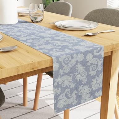 Encasa XO Dining Table Runner for 4 to 6 seater I Size 32x183 cm | - Floral Blue Jacquard Style Print on Homespun Cotton | Fast Colours, Machine Washable