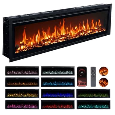 Valine Fires Recessed Electric Freestanding Fireplace UltraSlim Heater 50"/127cm, Wall-Mounted Fireplace for Media Wall, Electric Fire with 15 LED Flame Colours, Wifi/Alexa Remote Control, 900W/1800W