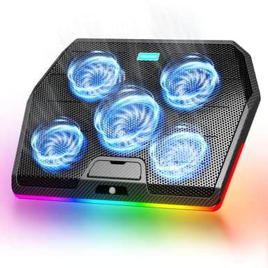 TECKNET Laptop Cooling Pad,RGB Laptop Cooler With 5 Quiet Fans,Gaming Laptop Cooling Stand with Touch Button and 2 USB Ports,3 Height Adjustable Laptop Fan fits 12"-19" Notebooks