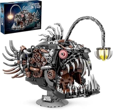 Mechanical Lantern Fish Building Block Set,Ocean Animals Decor Collection Toy Compatible with Lego Sets,Birthday Gift for Adults Girls and Boys 7-14 (1038PCS with LED)