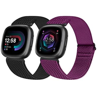 enkic 2 Pack Elastic Watch Strap - Compatible with Fitbit Versa 4/Sense 2, Adjustable Nylon Loop Sport Stretchy Replacement Wristband for Men & Women, Black+Purple