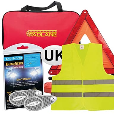 GADLANE 4 Piece Car Travel European Driving Kit - Eurolites Headlamp Beam Deflectors Converters, Warning Triangle, High Visibility Vest & UK Plate - Europe & France Driving Kit 2025
