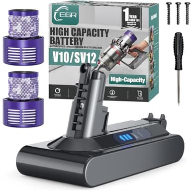 EGR Large Capacity V10 Battery Replacement Compatible with Dyson V10 SV12 Animal/Absolute/Fluffy/Motorhead/Cyclone Cordless Vacuum Cleaner Battery with 2 Filters