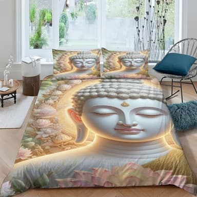 QPIRINMEX Buddha Statue Quilt Cover 3D Printed Soft Microfiber Duvet Cover Set with Zipper Closure 3 Piece Comforter Cover for Adults Kids Bedding Set with Pillowcase Double（200x200cm）