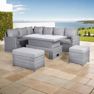 Club Rattan Garden Rattan furniture Isobella High Back Corner Sofa with Rising Table, L Shaped Sofa For Patio,Wicker Patio Conversation Set (Large grey weave, Left hand corner)