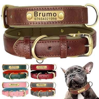 SEOUGEE Genuine Leather Dog Collar Personalised, Soft Padded Leather Dog Collars Heavy Duty with Custom Engraved Name Plate Adjustable for Small Medium Large Dogs (XL, Brown 42-55cm)