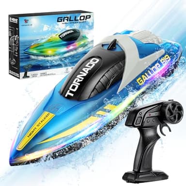 HOTUT RC Boat, Remote Control Boat with LED Lights, 15 KmPh 2.4GHz Fast Remote Control Boats for Pools and Lake, Capsize Recovery, 2 Rechargeable Batteries, Speed Boat Toy for Boys & Girls