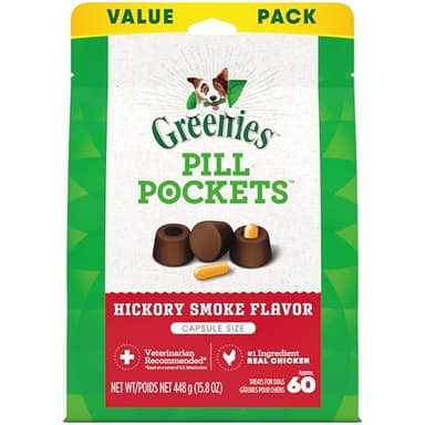 Greenies PILL POCKETS for Dogs Capsule Size Natural Soft Dog Treats, Hickory Smoke Flavor, 15.8 oz. Pack (60 Treats)