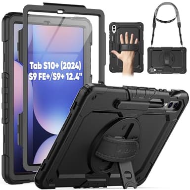 SEYMAC Case for Samsung Galaxy Tab S10 Plus 2024 12.4 inch, Heavy Duty Protection With Rotating Stand/Hand Strap, Shoulder Strap, Screen Protector, for S9 Plus/S9 FE Plus 2023 Tablet Case, Black