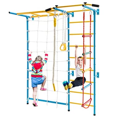 COSTWAY Swedish Ladder Set, Gymnastics Wall Gym with Climbing Frame, Pull-up Bar, Ropes and Rings, Indoor Suspension Trainer Stall Bar for Kids 3+ Years Old (with Rope Wall & Monkey Bar, Blue+Yellow)