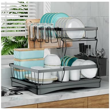 7 code Large Dish Drying Rack for Kitchen Counter,Detachable Large Capacity Dish Drainer Organizer with Utensil Holder,2-Tier Dish Drying Rack with Drain Board,Black