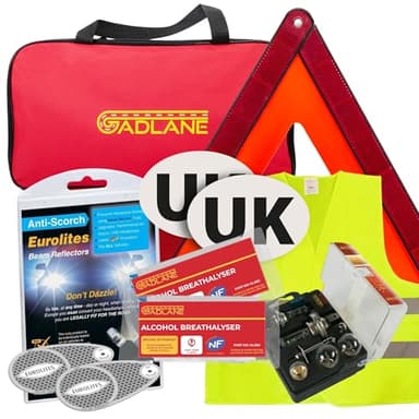 GADLANE European Driving Kit France - 8 PCS Europe Car Travel Kit - NF Approved Alcohol Breathalysers, Warning Triangle, UK Sticker, Hi-Vis Vest, Eurolites Headlight Deflectors, Bulb Kit, Storage Bag