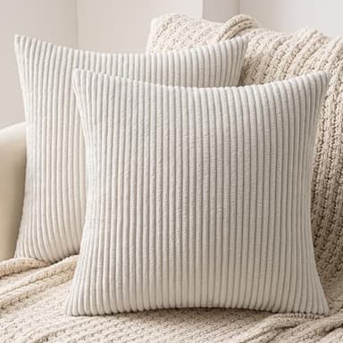 MIULEE Set of 2 Striped Corduroy Square Throw Pillow Case Soft Cushion Cover Sham Home for Sofa Chair Couch/Bedroom Decorative Fluffy Large Pillowcases 18x18 Inch 45x45cm Cream White