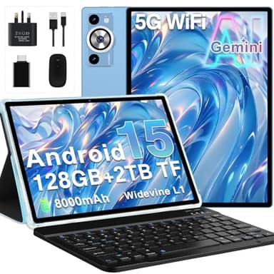 2026 Tablet 10 Inch Android 15 with Gemini AI, 30GB RAM+128GB ROM(TF 2TB), GMS, 8000mAh, Face ID, Octa Core 2.0GHz/BT5.0/GPS/Widevine L1/8MP+5MP/Widgets/5G WiFi Tablet with Keyboard & Mouse - Blue