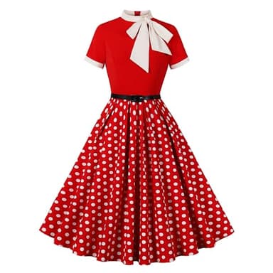 Wellwits Women's Bow Neck Polka Dots Formal Cocktail 50s Vintage Dress Red S