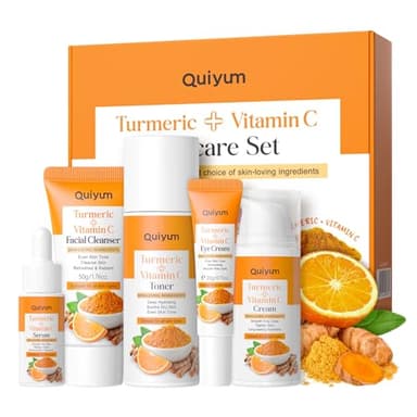 Quiyum Turmeric Vitamin C Skincare Set, Face Skin Care Sets & Kits Facial Cleanser,Toner,Serum,Eye Cream,Face Cream, Pamper Gift Set for Women Teenage Girls Mom Birthday, Travel Kit for All Skin Types