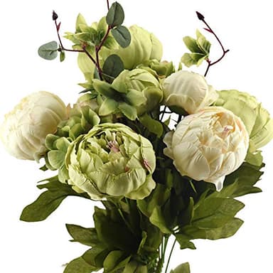 FiveSeasonStuff Vintage Artificial Flowers Green & Beige Peony and Hydrangeas (1 Bouquet)