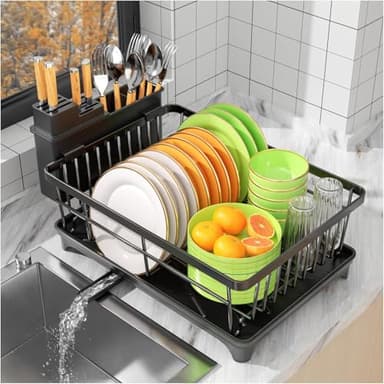 SavvyStor Dish Drainer Rack - Space Saving Dish Rack for Kitchen Counter, Kitchen Dish Drainer with Utensil Holder, Drain Board, Black