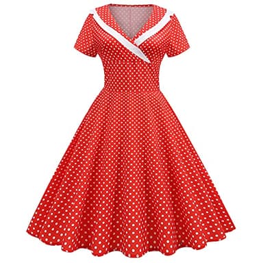 IWEMEK Women 1950s Vintage Retro Rockabilly Dress Lapel V-Neck Slim A-line 50s 60s Pinup Audrey Hepburn Style Polka Dot Swing Dresses Summer Casual Pageant Party Cocktail Evening Gown Red XXL